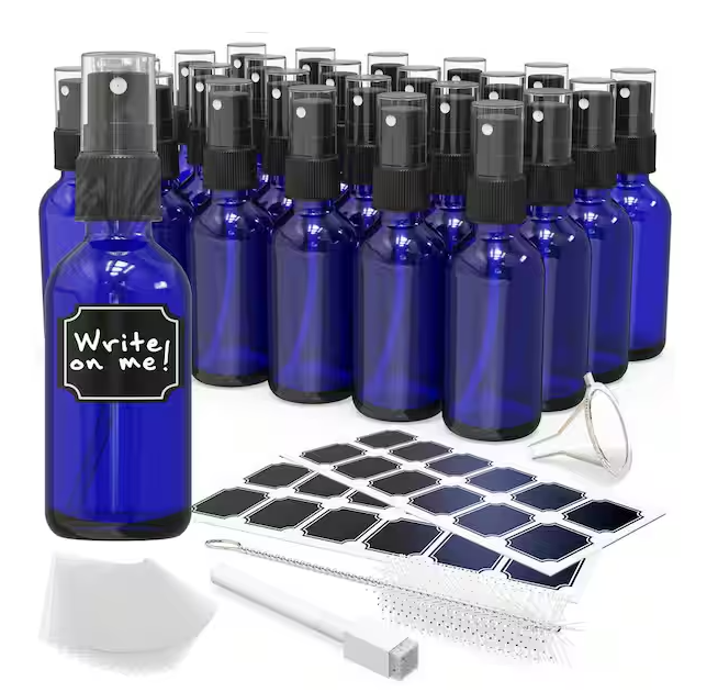 2 oz. Glass Spray Bottles with Funnel, Brush, Marker and Labels-Blue (Pack of 24)