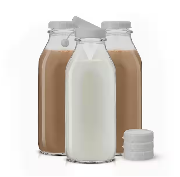 Reusable Glass 32 oz. Clear Milk Bottle with Lid and Pourer (3-Pack)