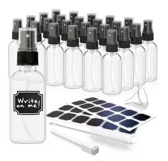 2 oz. Glass Spray Bottles with Funnel, Brush, Marker and Labels-Clear (Pack of 24)